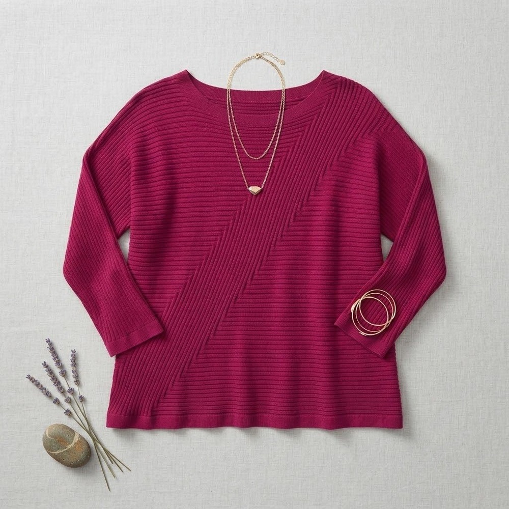 Chico's Ribbed Sweater Womens 2 L Magenta Boat Neck 3/4 Sleeve Knit Preppy Chic